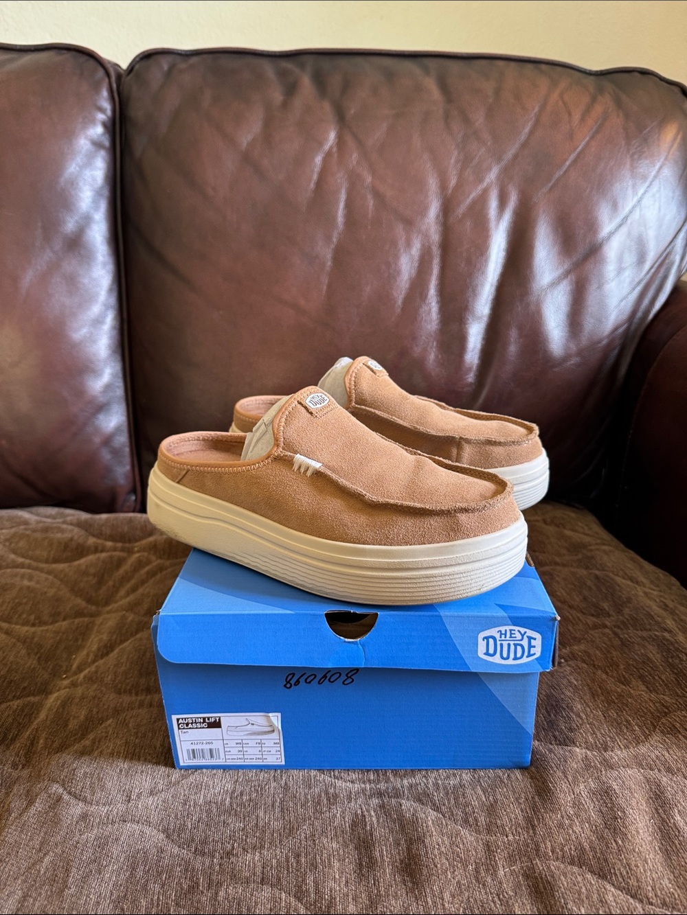 Hey Dude Women’s Austin Lift Classic Slip-On Mules in Tan Canvas with Cream Sole